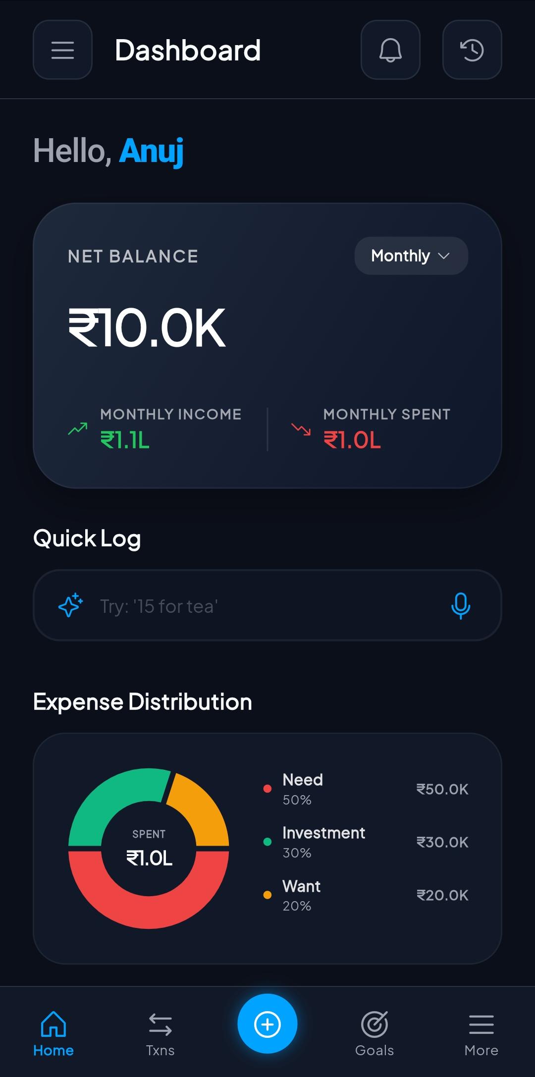 Advanced Money Tracker app dashboard showing net balance, expense distribution, and quick log
